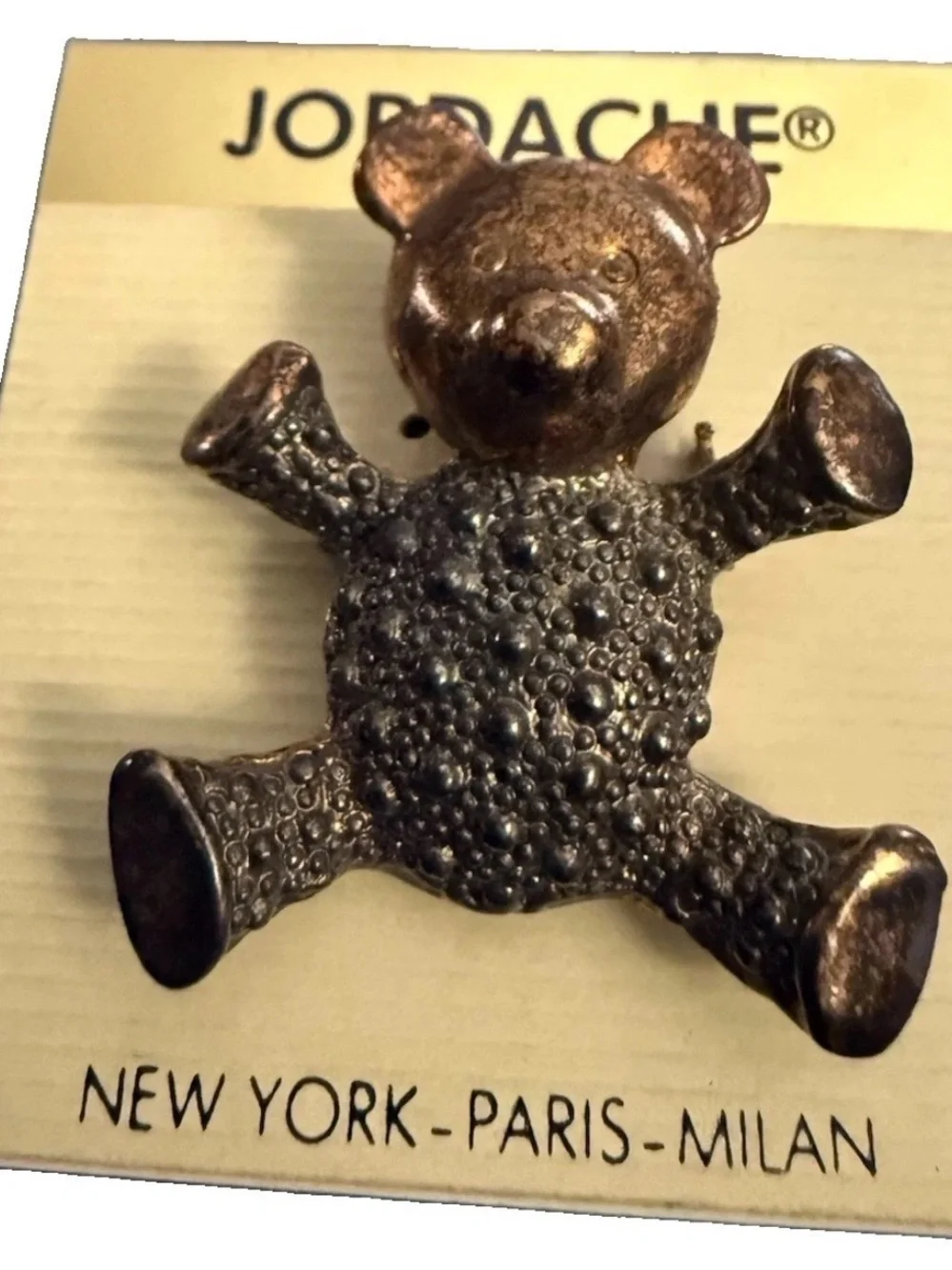 Vintage NOS Jordache Teddy Bear Brooch Pin, 1980s textured Gold-Tone new on card
